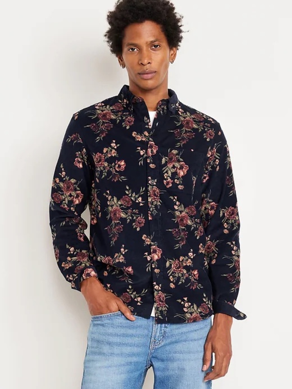 Old Navy Navy Blue Button Up Floral Print Corduroy Unisex Long Sleeve Shirt